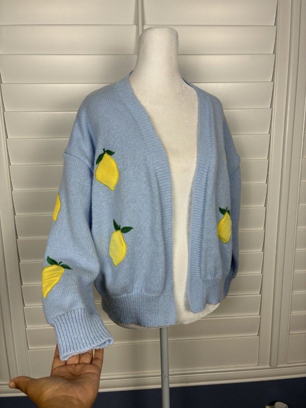 Women’s Light Blue Lemon Appliqué Open Front Cardigan